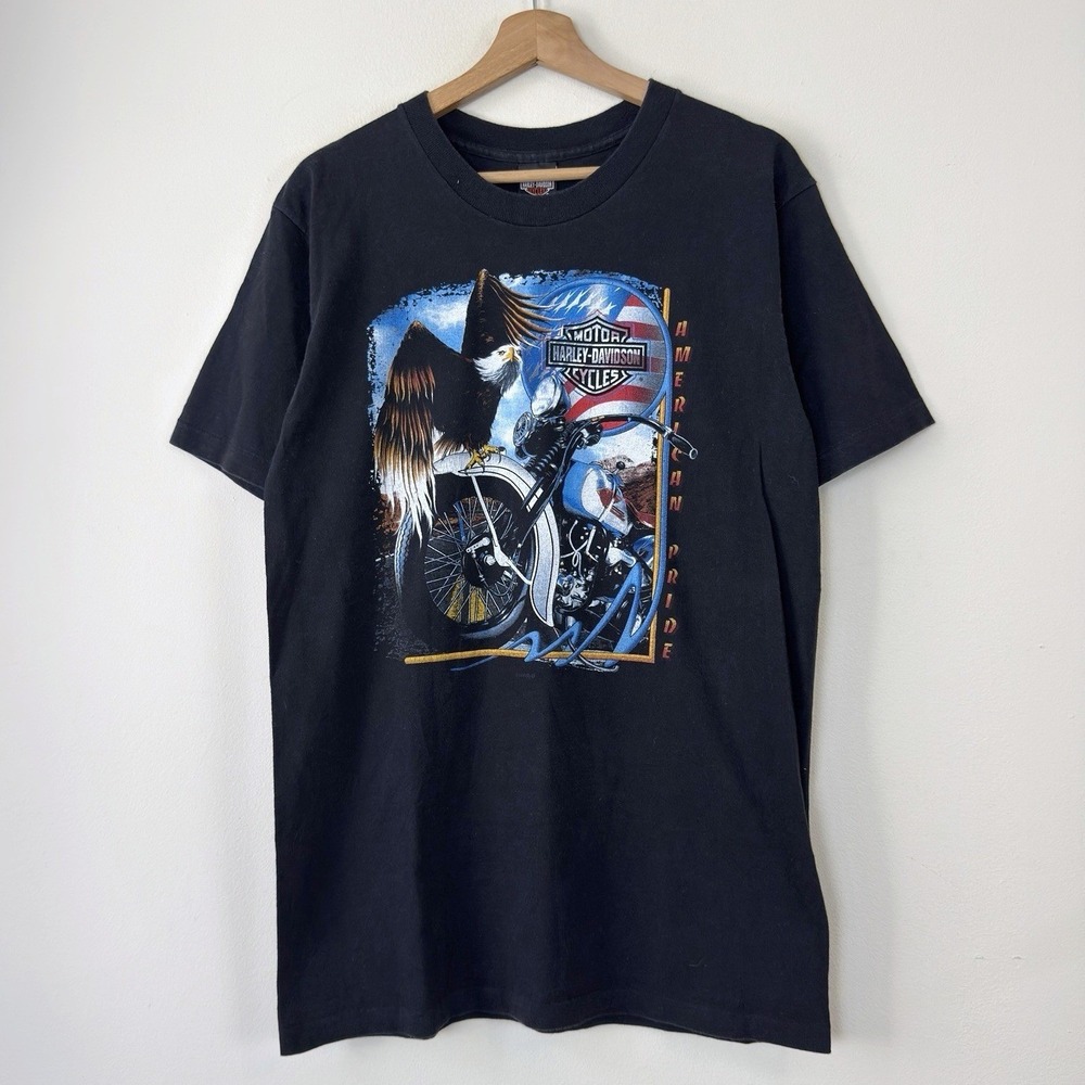 Vintage 90's Harley Davidson Biker Eagle USA Flag Black Tee Shirt Medium
